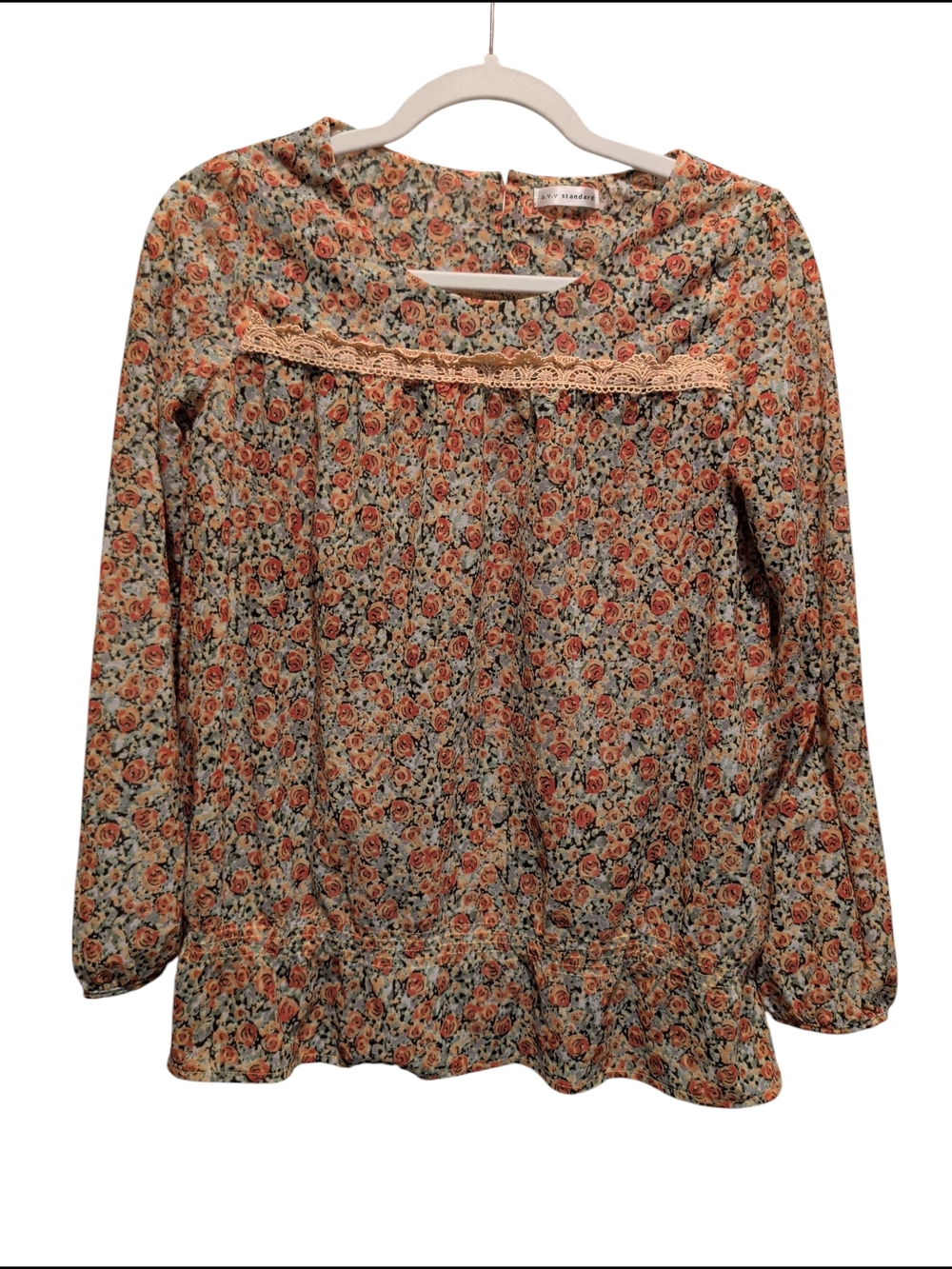 Floral Lace-Trim Blouse in Peach and Sage Women’s Top (#D1001)